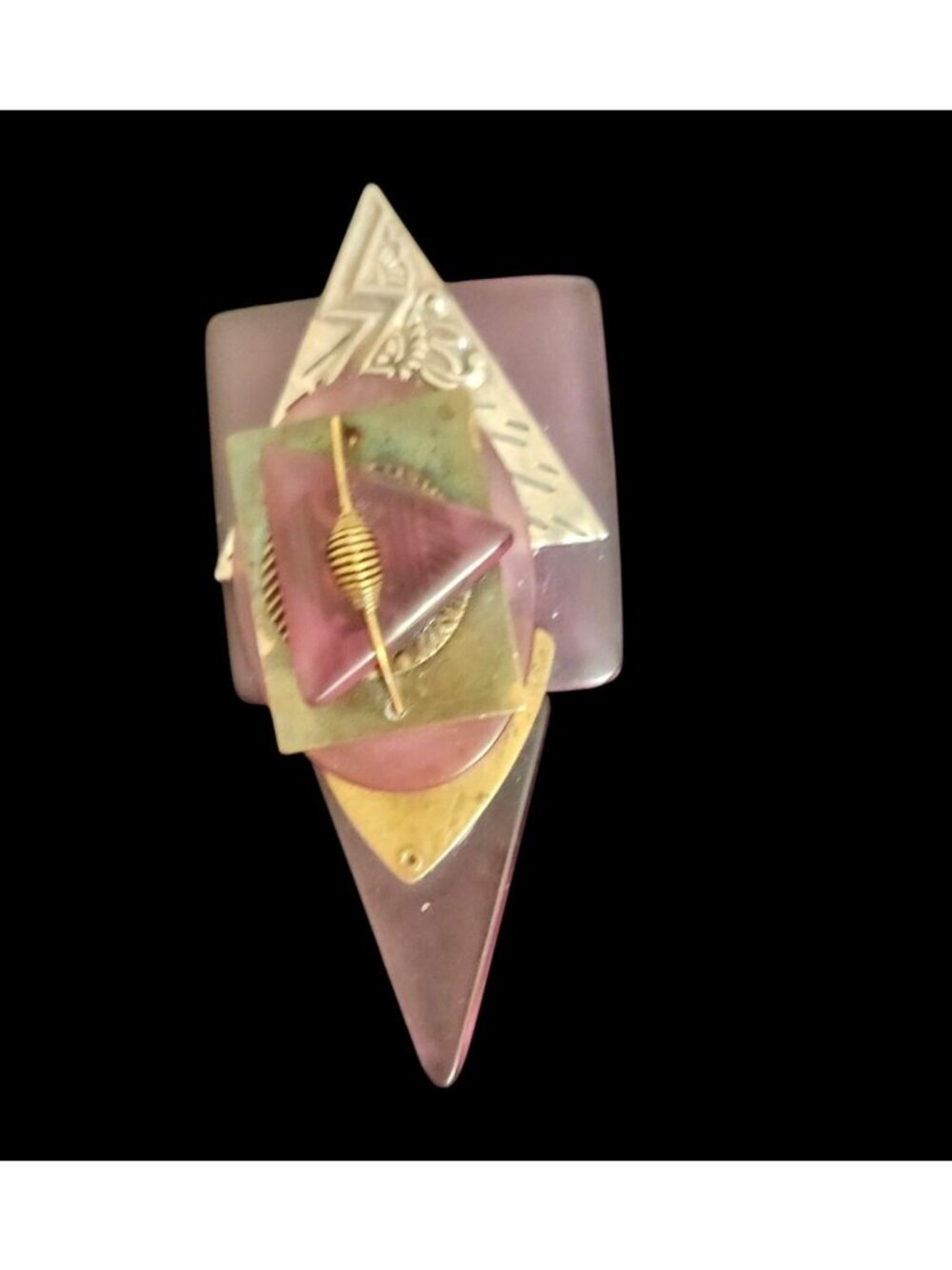 Vintage Layered Geometric Modernist Acrylic Brooch Mixed Metal Accents
